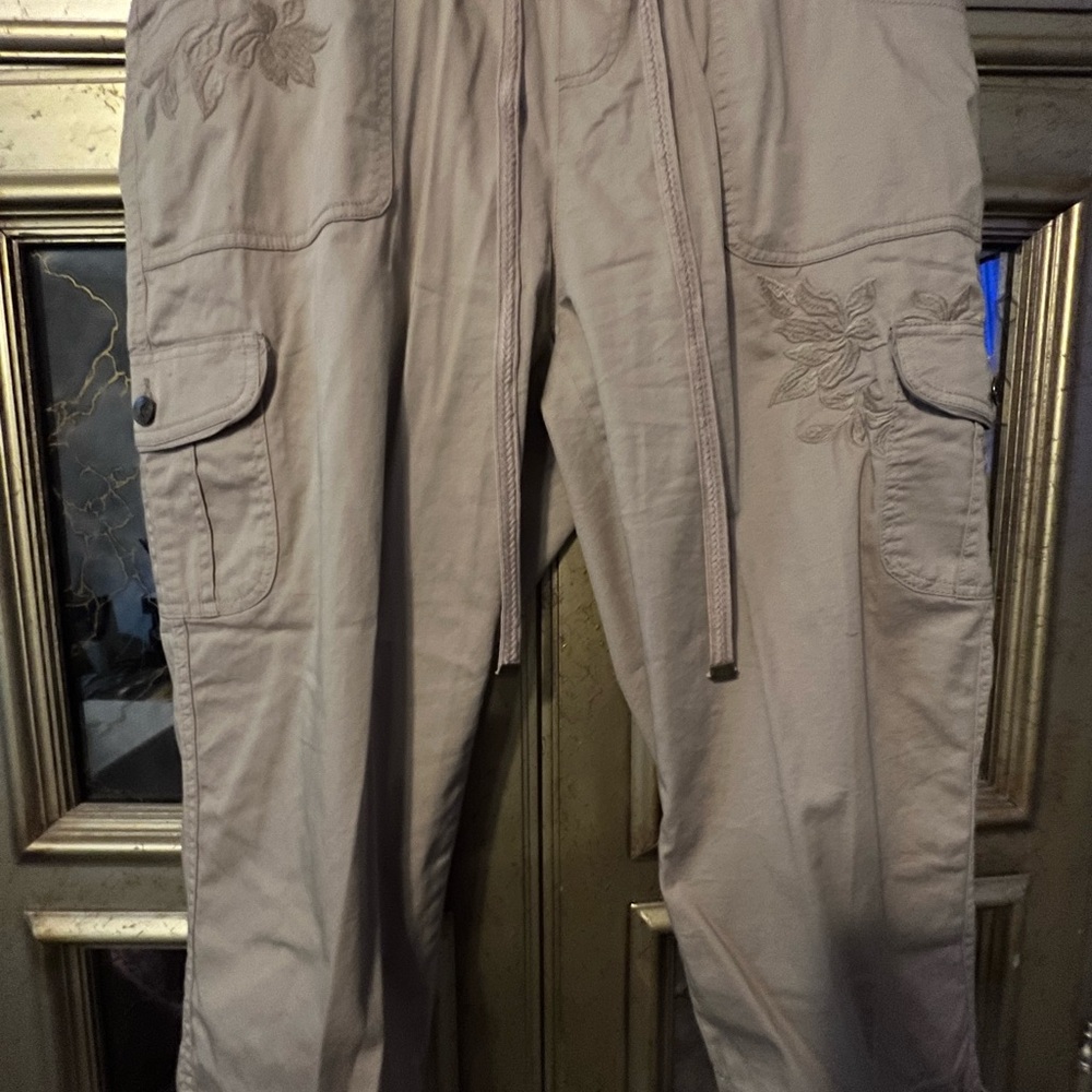 Terra & Sky Taupe Floral Embroidered Cargo Joggers